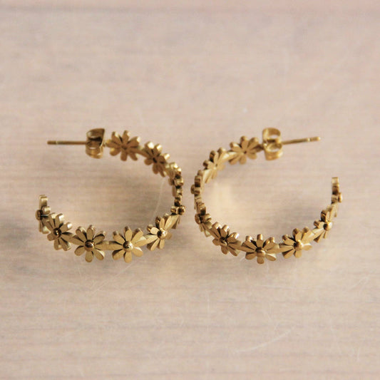 LIGNE FLORAL | Boucles d'oreilles créoles florales semi-ouvertes en or
