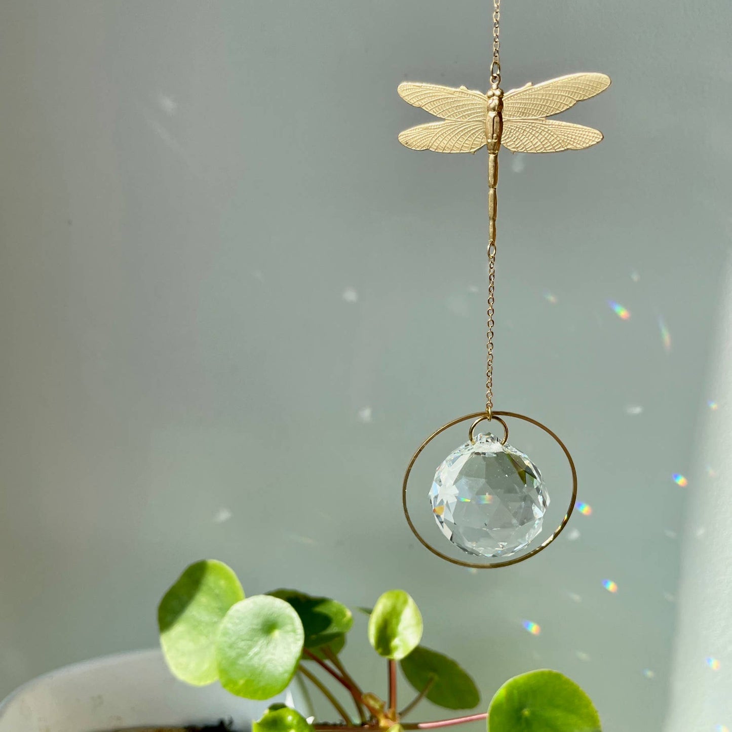DRAGONFLY | Handmade suncatcher with glass crystal & golden dragonfly