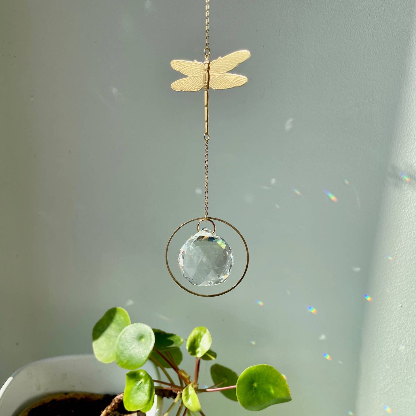 DRAGONFLY | Handmade suncatcher with glass crystal & golden dragonfly
