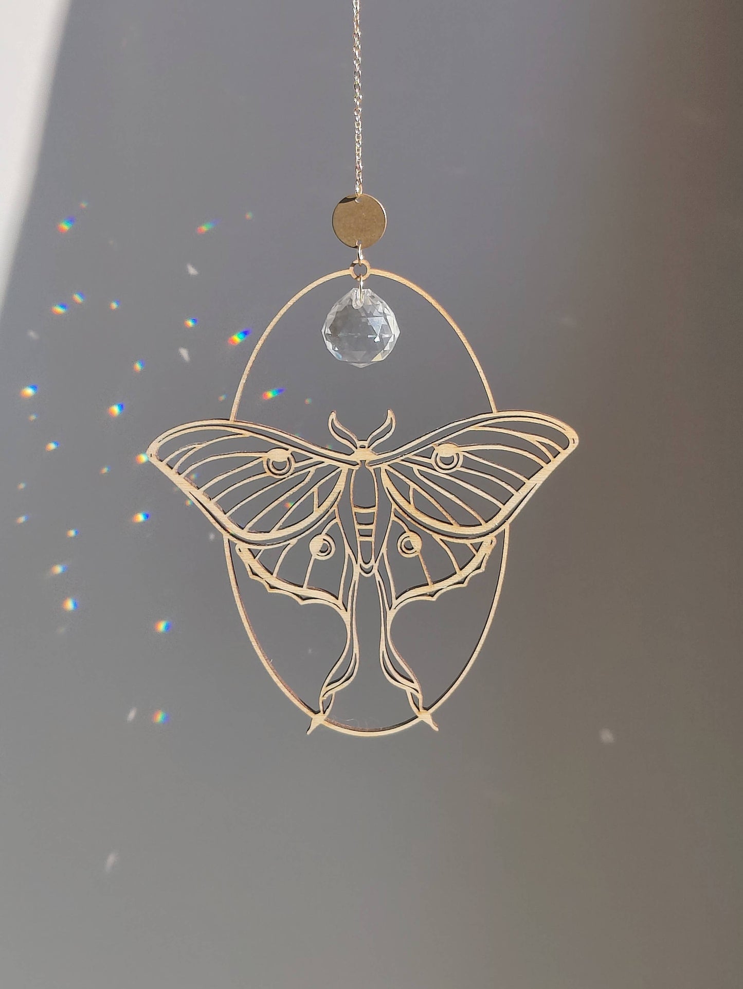 LUNA MOTH | Handmade suncatcher with glass crystal &amp; wood design
