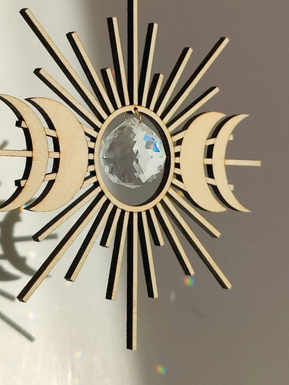 CELESTE | Handmade suncatcher with glass crystal and wooden design
