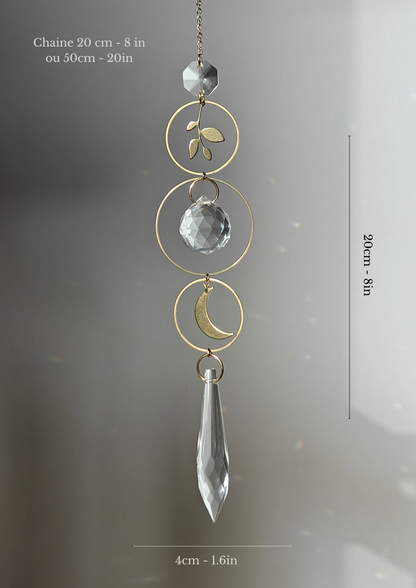 SELENE | Handgemachter Suncatcher mit Glaskristallen, Blatt & Mond