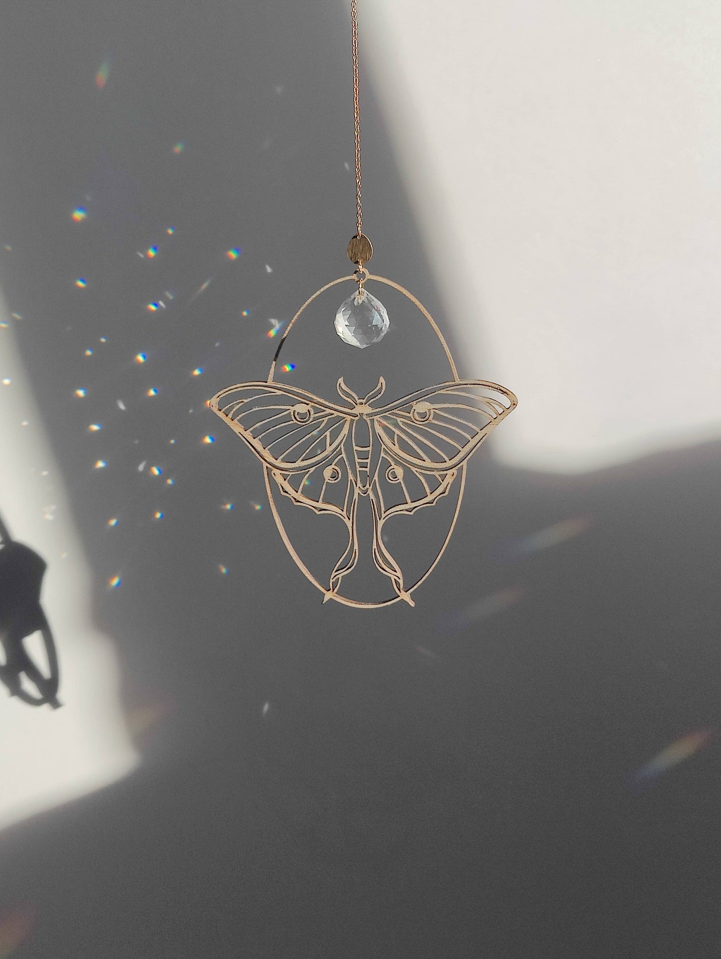 LUNA MOTH | Handmade suncatcher with glass crystal &amp; wood design