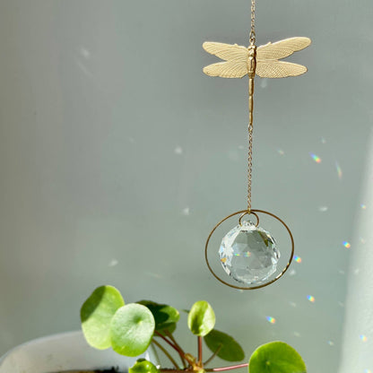 DRAGONFLY | Handmade suncatcher with glass crystal &amp; golden dragonfly