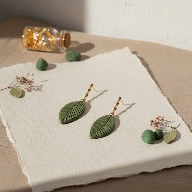 FEUILLE DE BAMBOU | Boucles d'oreilles dorées en polymère avec feuille de bambou verte 