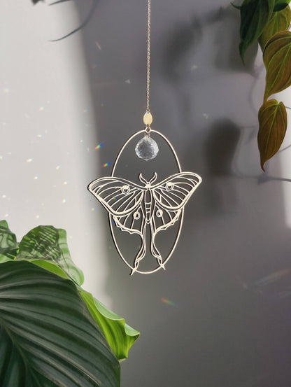LUNA MOTH | Handmade suncatcher with glass crystal &amp; wood design