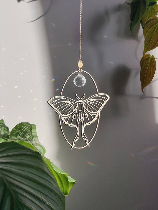 LUNA MOTH | Handmade suncatcher with glass crystal &amp; wood design