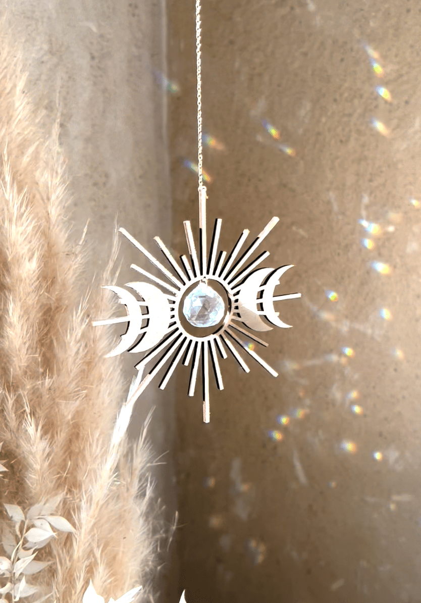 CELESTE | Handmade suncatcher with glass crystal and wooden design