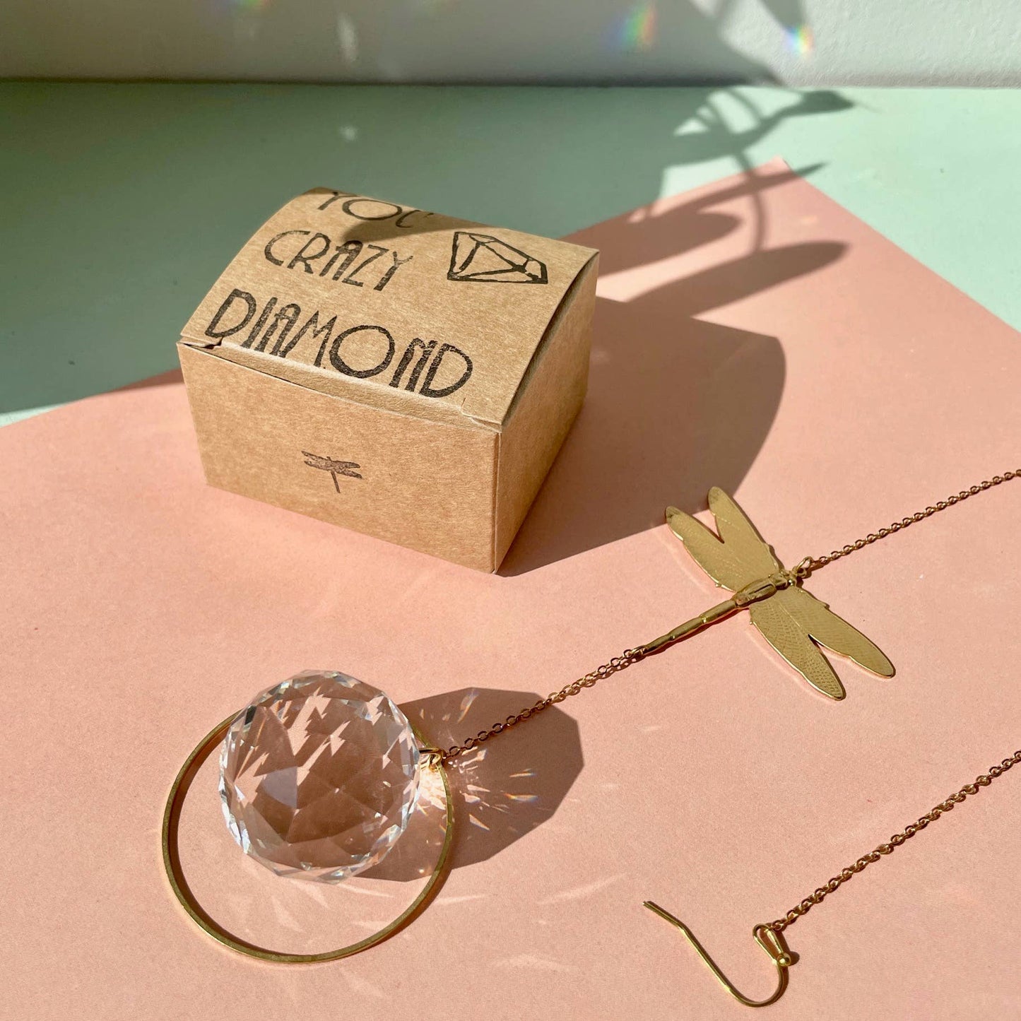 DRAGONFLY | Handmade suncatcher with glass crystal &amp; golden dragonfly